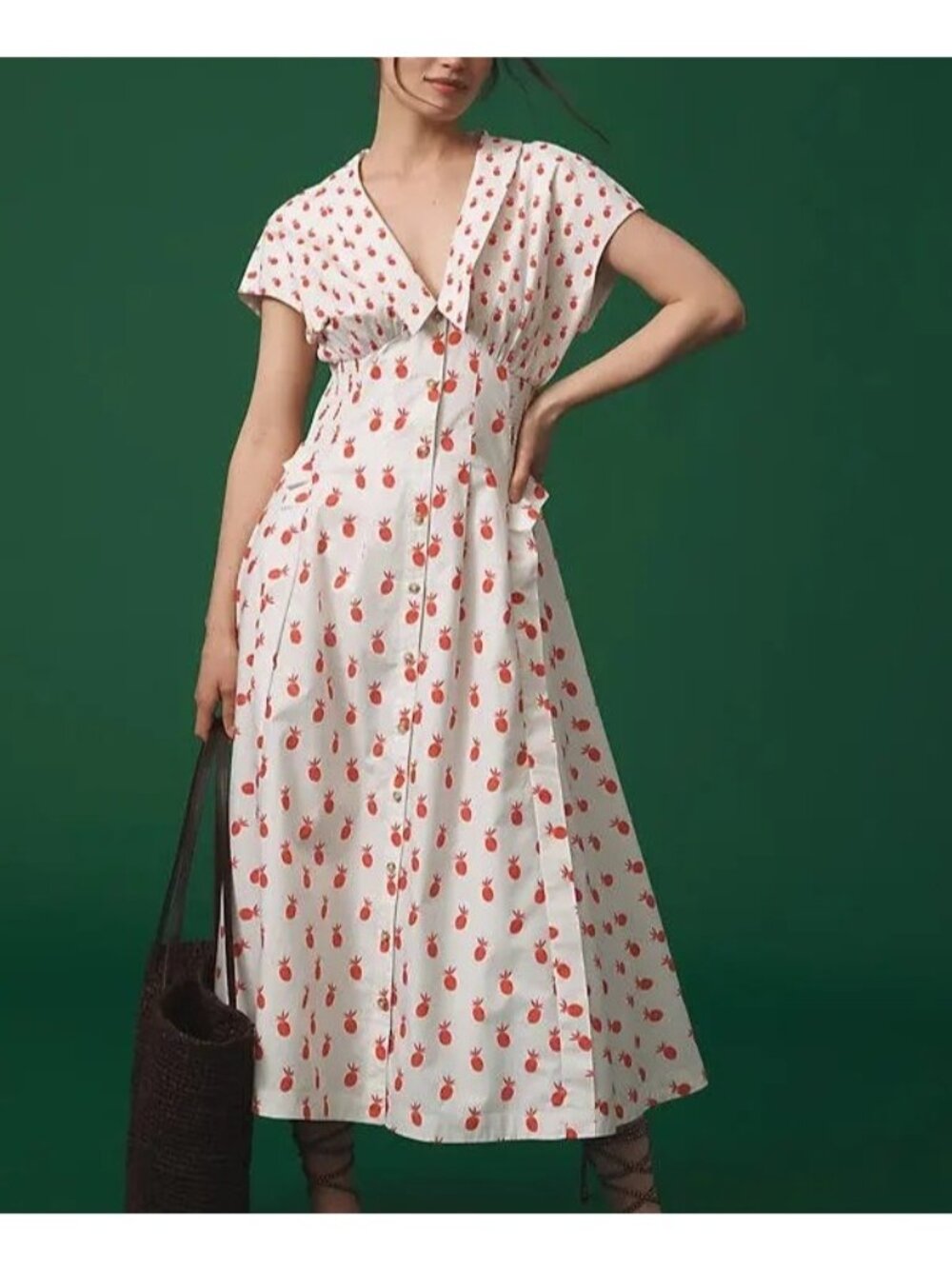 Anthropologie Short Sleeve V Neck Midi Dress Retro Vintage 60s Housewife Women M